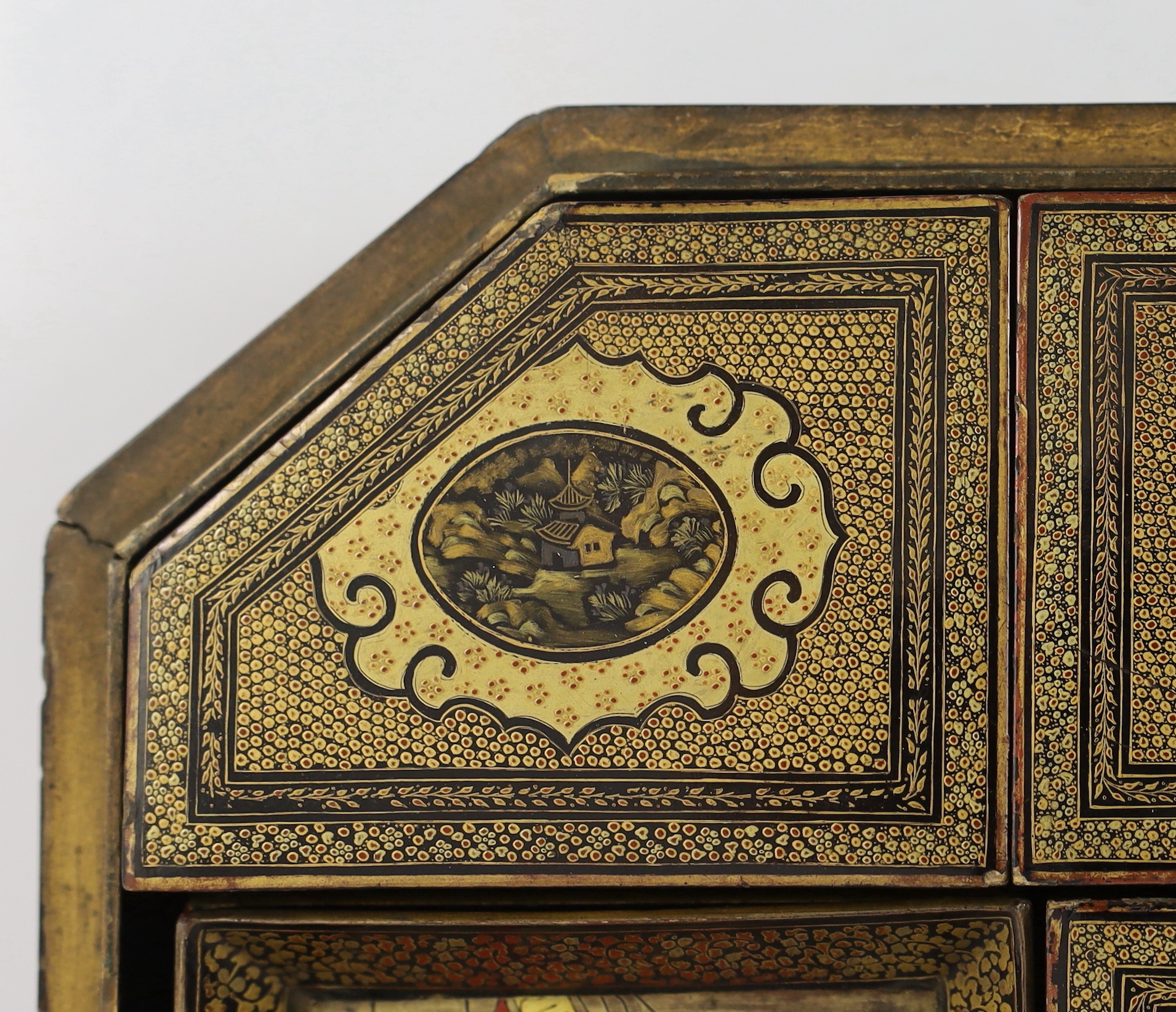 A Chinese gilt decorated black lacquer games box, mid 19th century, slight faults